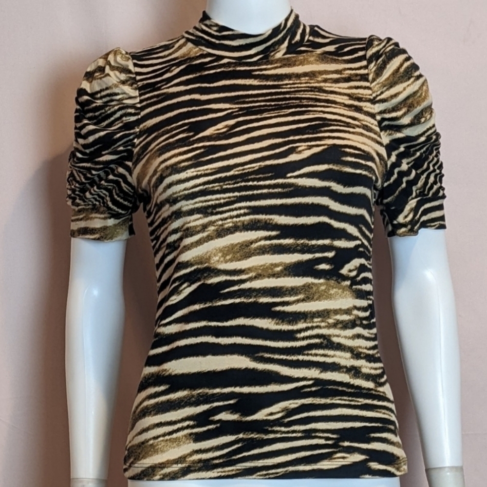 Fashion Nova Sheer My Sleeve Neutral Tan and Black Zebra Print Short Sleeve Top